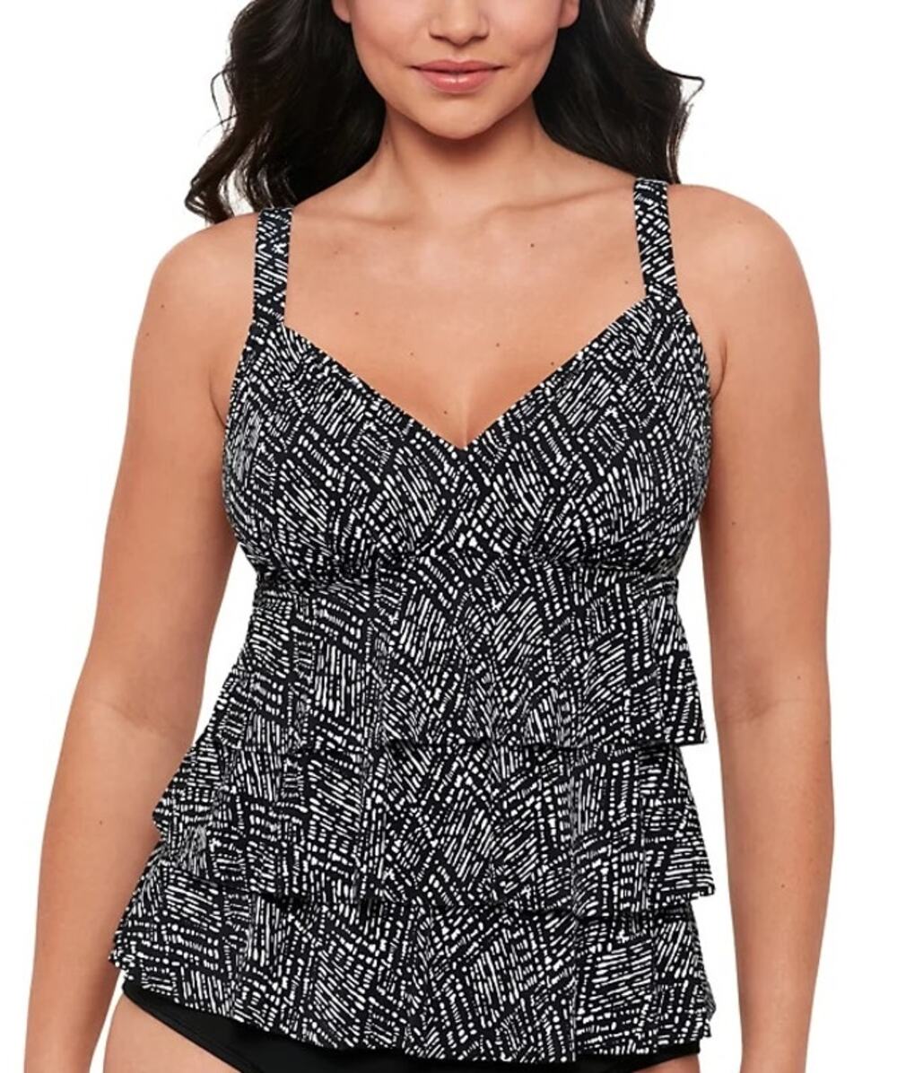 Swim Solutions Women's Printed Triple Tier Tankini Top In Black White